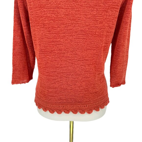VTG Finity Studio Open Knit Top MEDIUM Orange Boat Neck Scalloped Hem 3/4 Sleeve - Picture 9 of 11